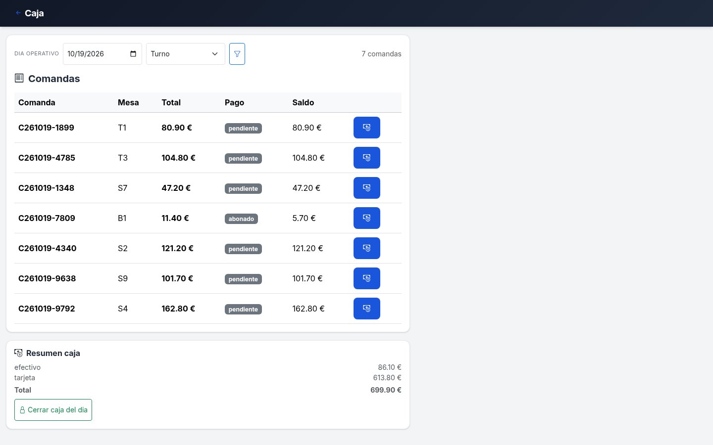 Till — Payments by method and end-of-day close