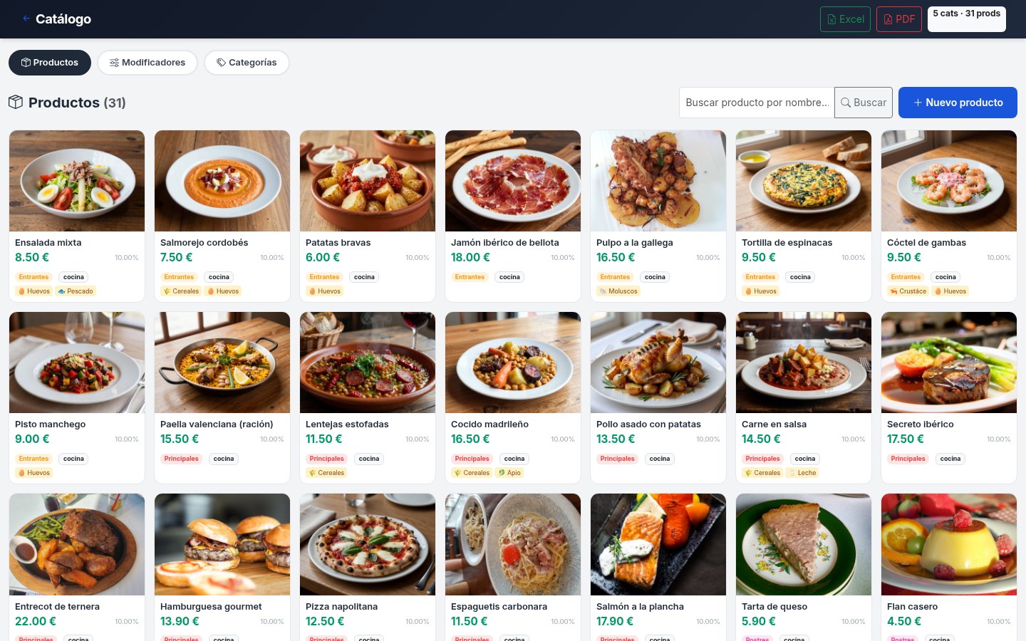 Menu and products — Categories, prices, allergens and photos